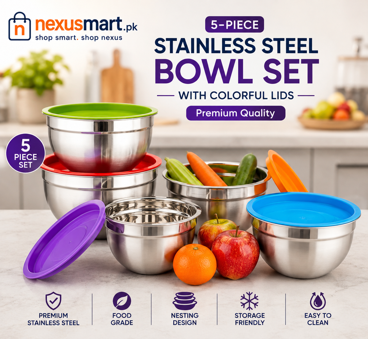 5-Piece Stainless Steel Mixing Bowl Set with Colorful Lids