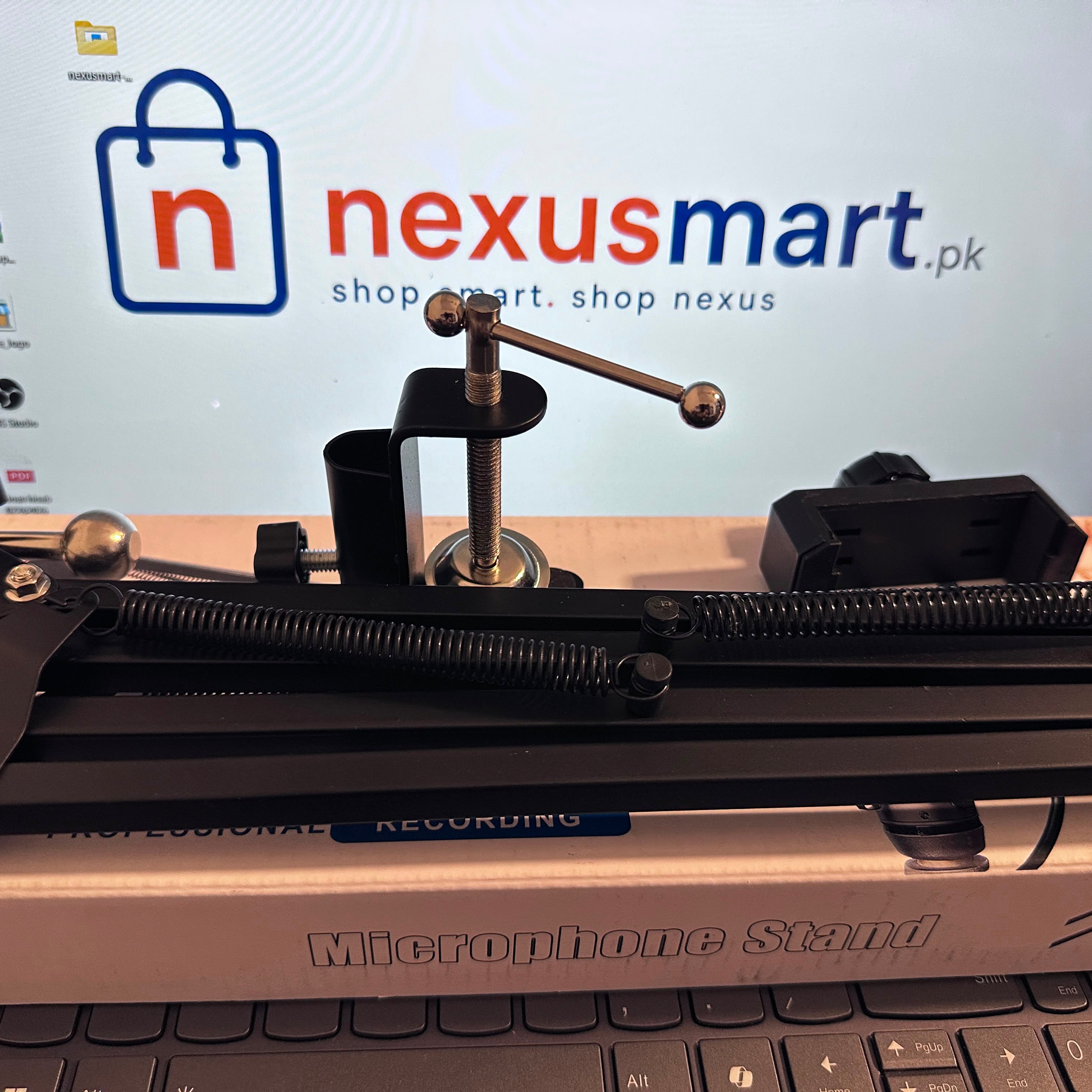 Adjustable Microphone Scissor Arm Stand with Phone Holder & Desk Clamp