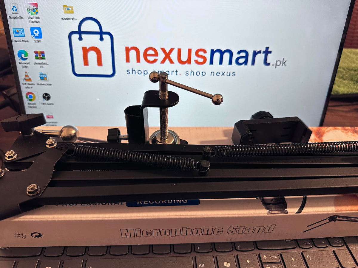 Adjustable Microphone Scissor Arm Stand with Phone Holder & Desk Clamp