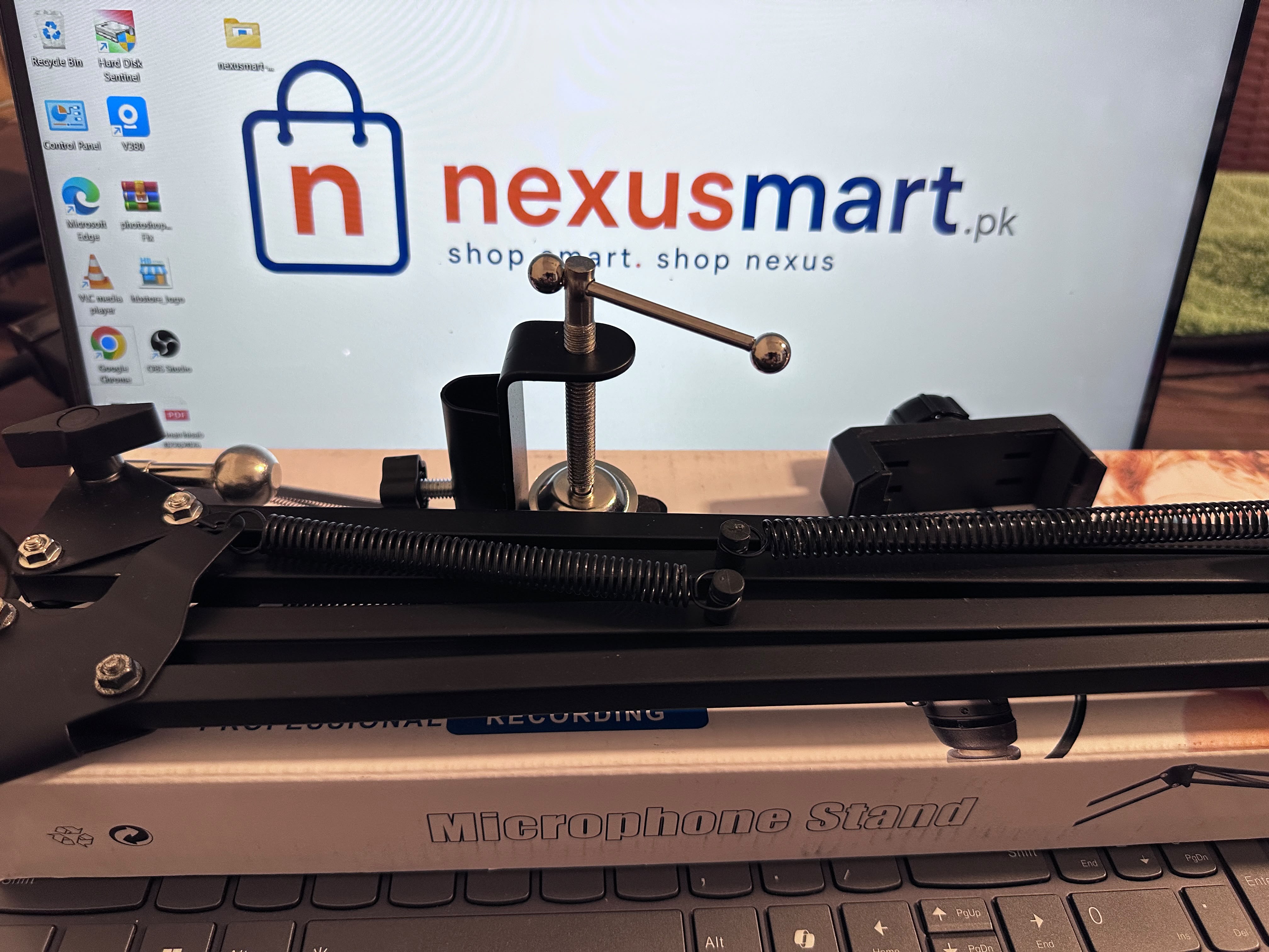 Adjustable Microphone Scissor Arm Stand with Phone Holder & Desk Clamp