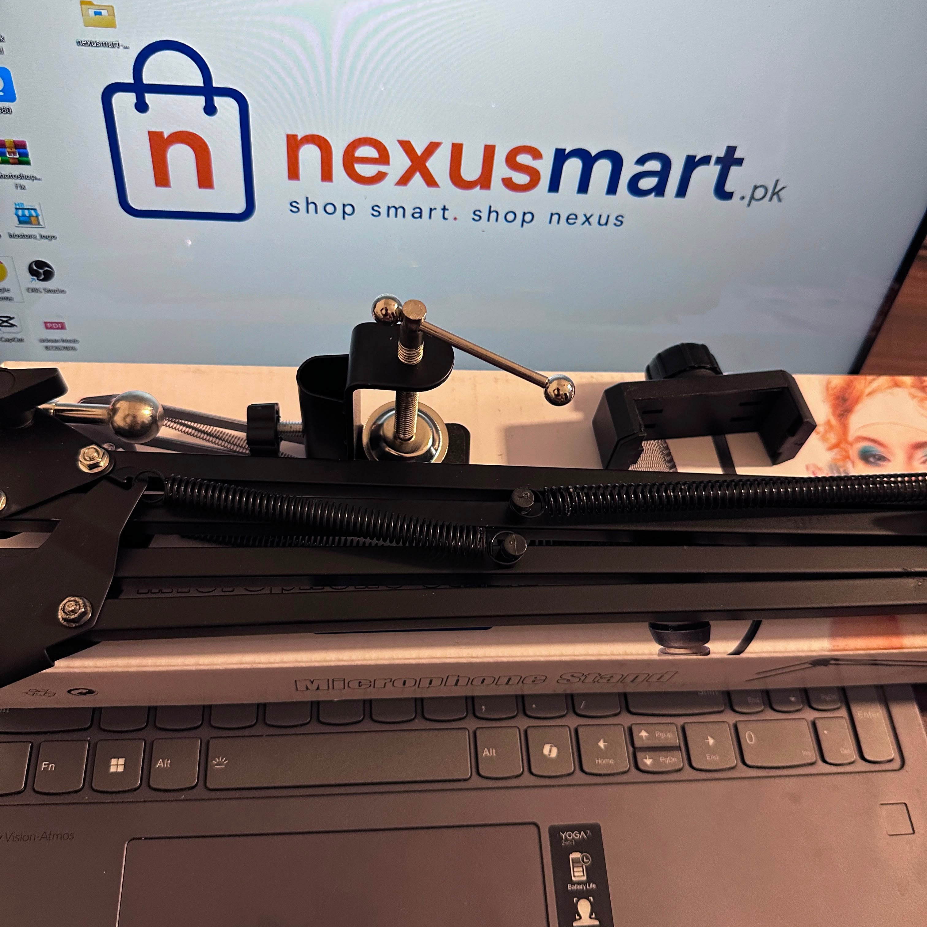 Adjustable Microphone Scissor Arm Stand with Phone Holder & Desk Clamp