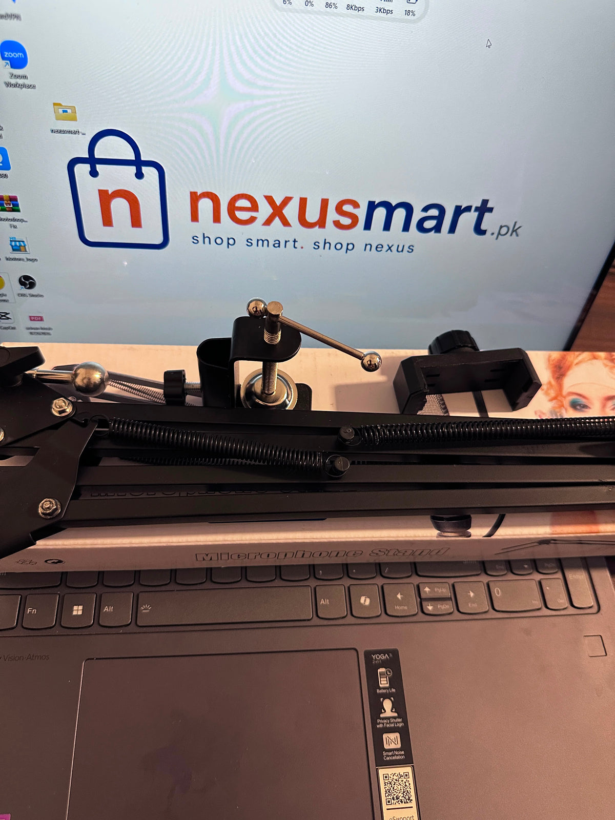 Adjustable Microphone Scissor Arm Stand with Phone Holder & Desk Clamp
