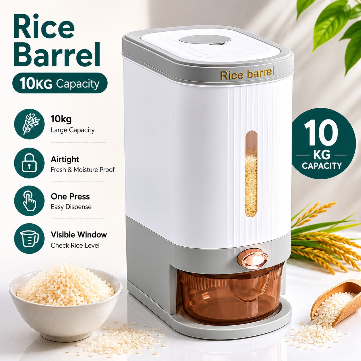 10KG Rice Barrel Dispenser – Kitchen Rice Storage Container