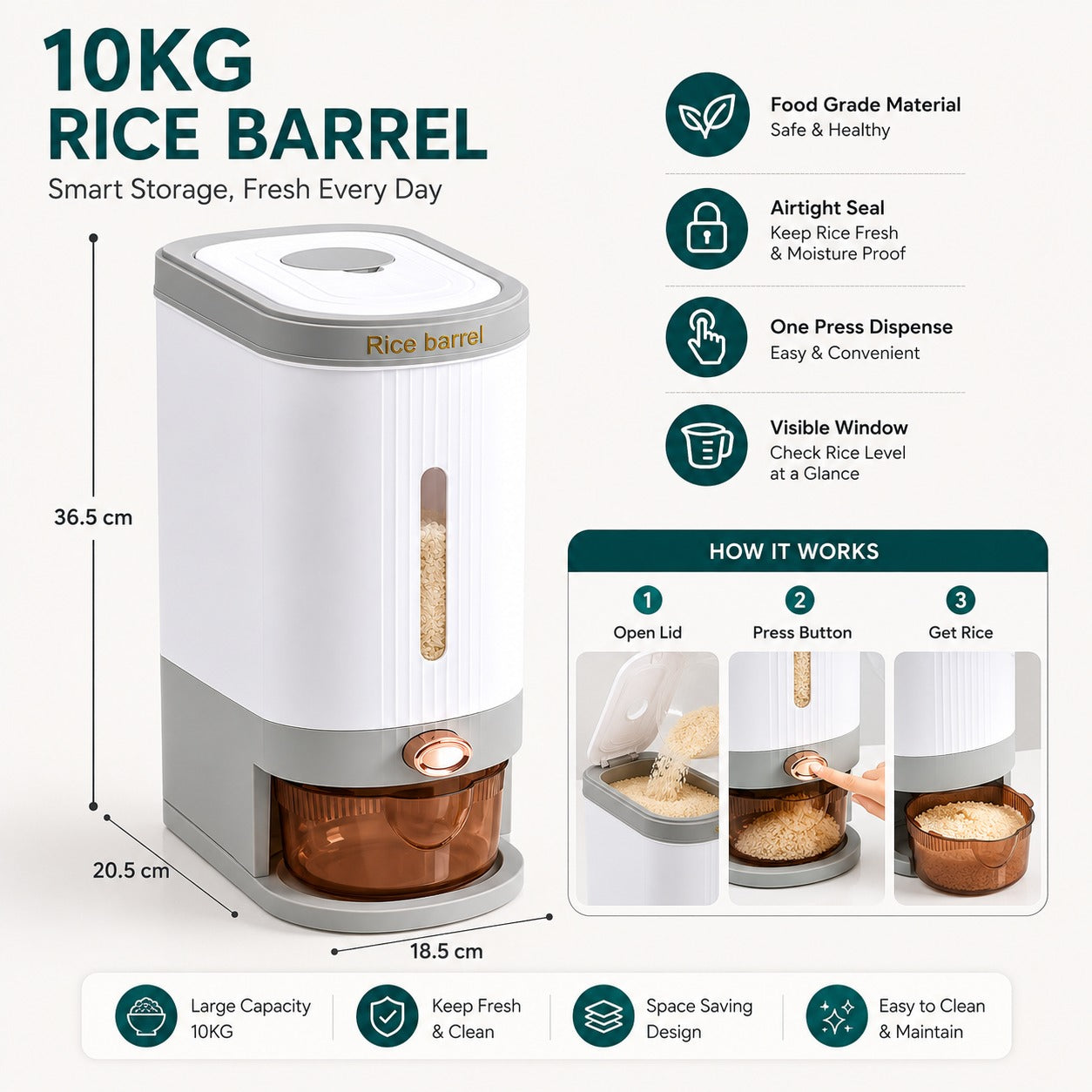 10KG Rice Barrel Dispenser – Kitchen Rice Storage Container