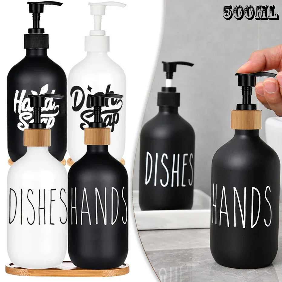 Matte Black & White Soap Dispenser Set with Bamboo Pump