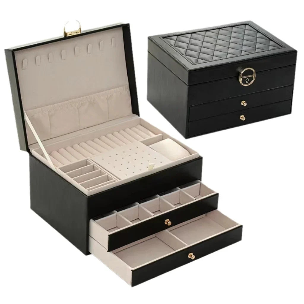 3-Layer Leather Jewelry Box - Professional Locked Organizer (Random color)