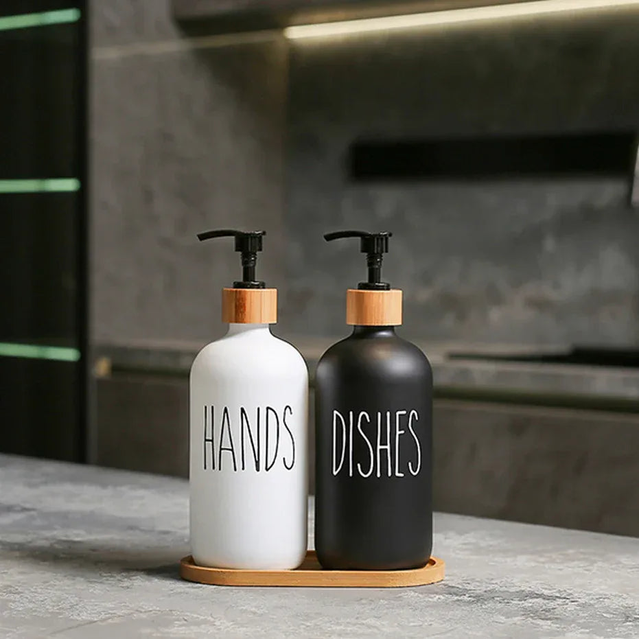 Matte Black & White Soap Dispenser Set with Bamboo Pump