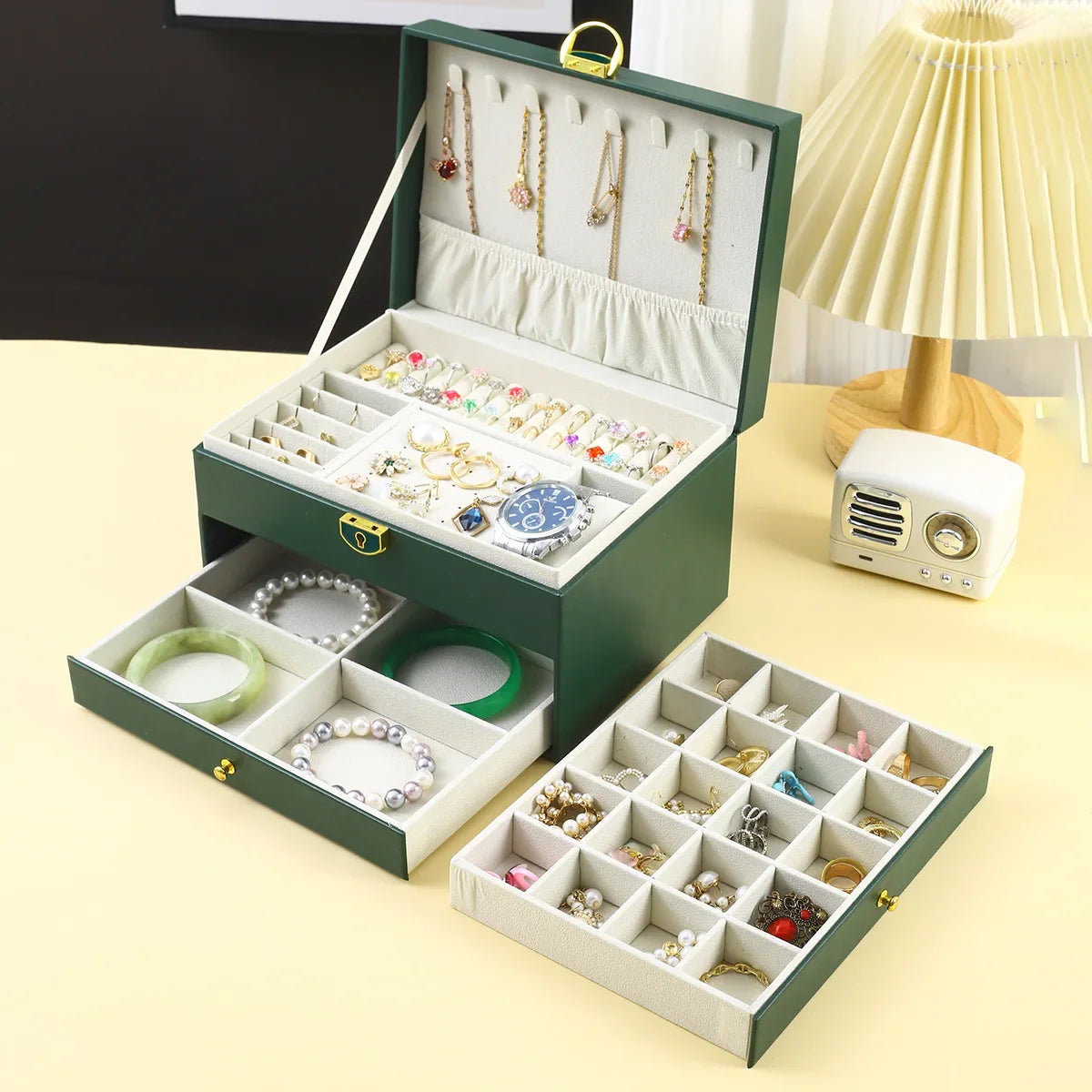 3-Layer Leather Jewelry Box - Professional Locked Organizer (Random color)