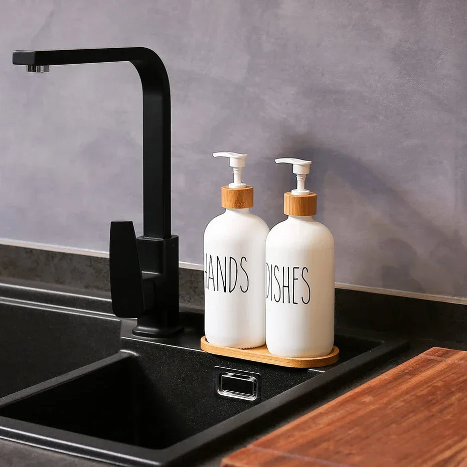 Matte Black & White Soap Dispenser Set with Bamboo Pump