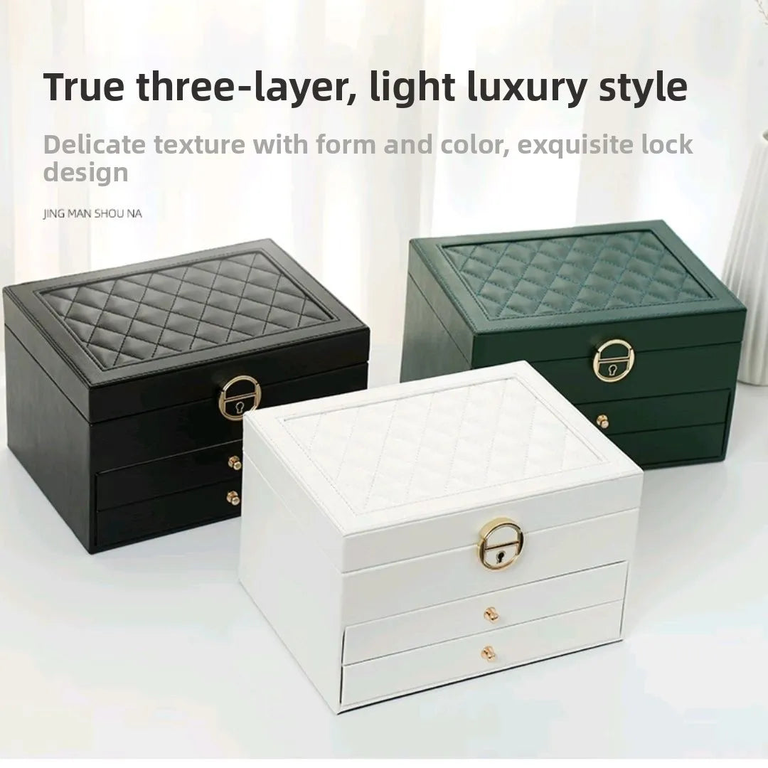 3-Layer Leather Jewelry Box - Professional Locked Organizer (Random color)
