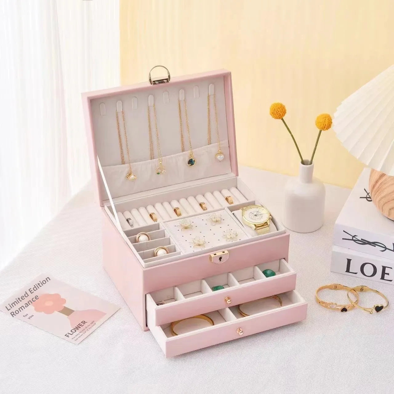3-Layer Leather Jewelry Box - Professional Locked Organizer (Random color)
