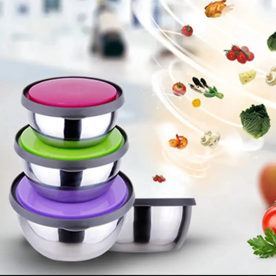 Stainless Steel 3-Piece Bowl Set with Colorful Lids view 2 - Nexusmart Pakistan