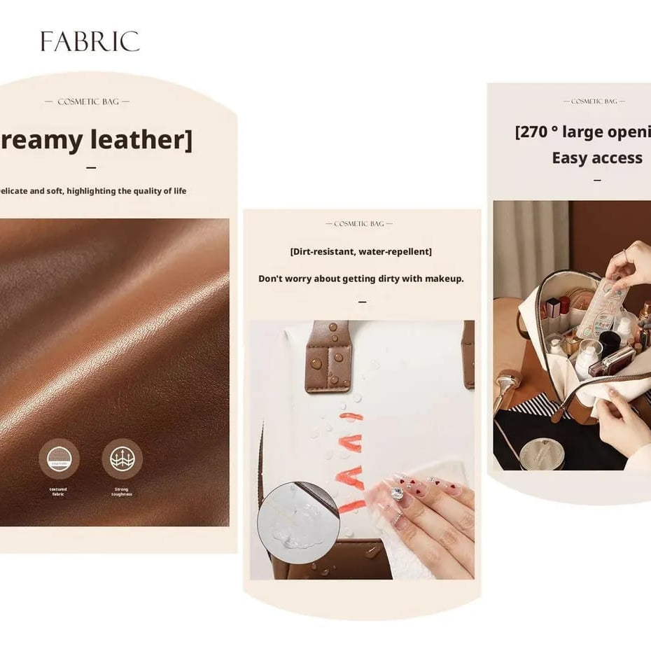 Large Leather Travel Makeup Bag with Dividers Lay Flat Opening view 7 - Nexusmart Pakistan