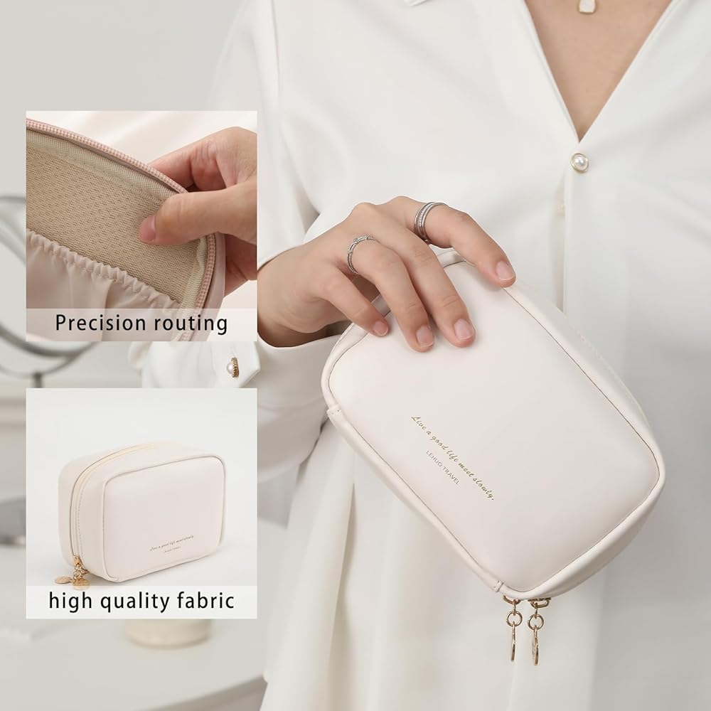 Compact PU Leather Makeup Bag Dual Zipper Travel Cosmetic Pouch view 2 - Nexusmart Pakistan