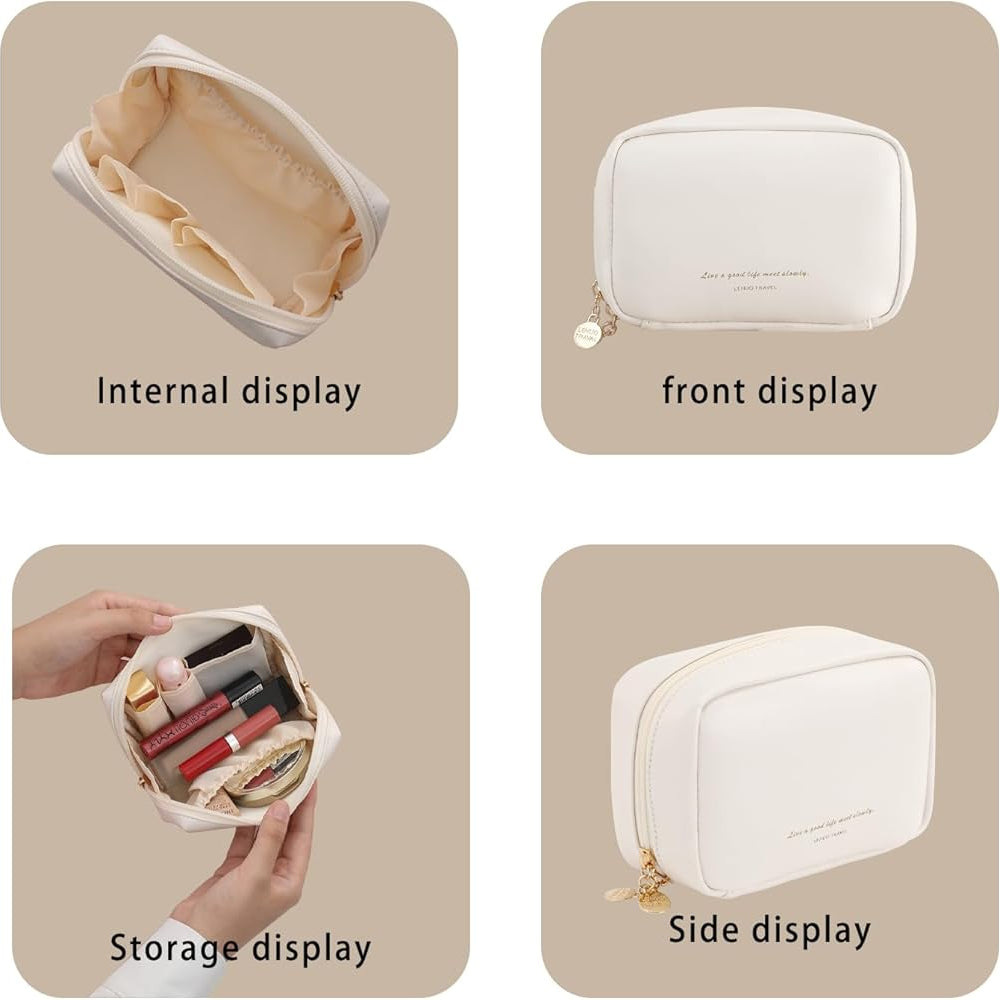 Compact PU Leather Makeup Bag Dual Zipper Travel Cosmetic Pouch view 3 - Nexusmart Pakistan
