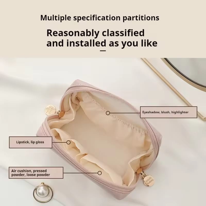 Compact PU Leather Makeup Bag Dual Zipper Travel Cosmetic Pouch view 7 - Nexusmart Pakistan