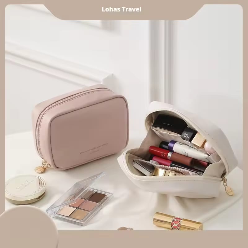 Compact PU Leather Makeup Bag Dual Zipper Travel Cosmetic Pouch view 9 - Nexusmart Pakistan
