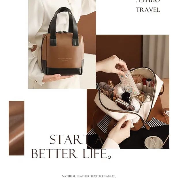 Large Leather Travel Makeup Bag with Dividers Lay Flat Opening view 5 - Nexusmart Pakistan
