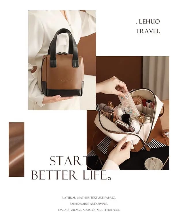 Large Leather Travel Makeup Bag with Dividers Lay Flat Opening view 5 - Nexusmart Pakistan