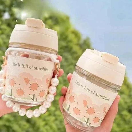 Portable Thermal Mini Bottle with Glass Straw – Pearl Bracelet Design