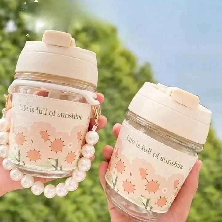 Portable Thermal Mini Bottle with Glass Straw – Pearl Bracelet Design