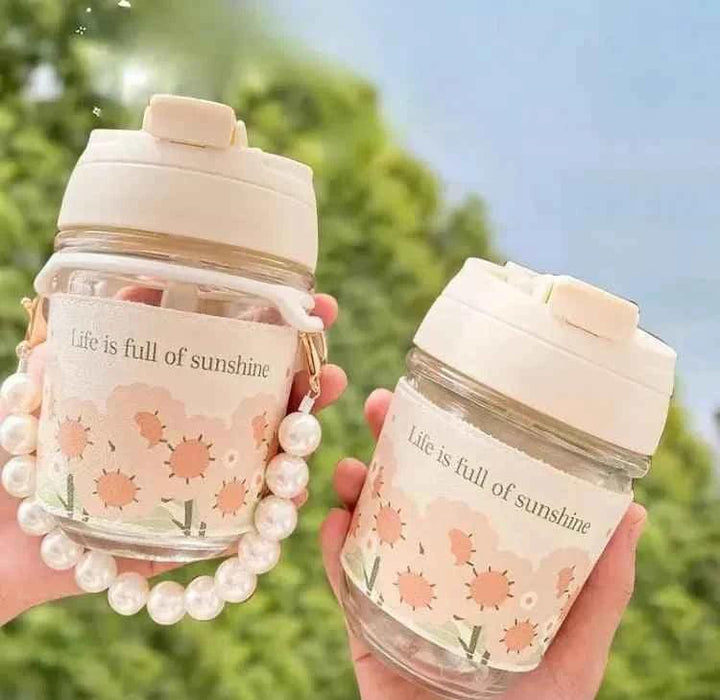 Portable Thermal Mini Bottle with Glass Straw – Pearl Bracelet Design