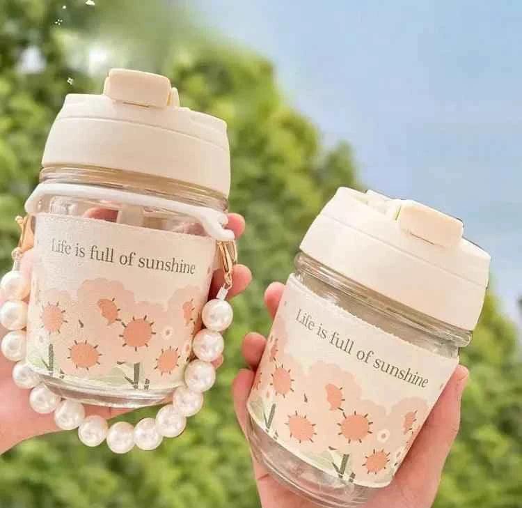 Portable Thermal Mini Bottle with Glass Straw – Pearl Bracelet Design