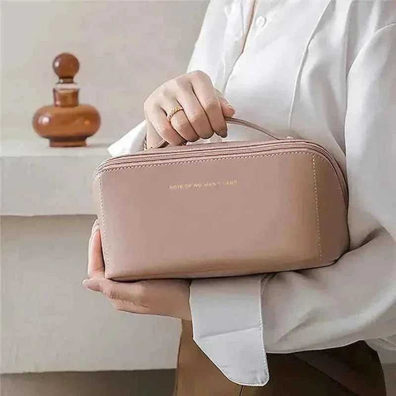 Classy Leather Cosmetic Bag, Portable Makeup Pouch for Travel