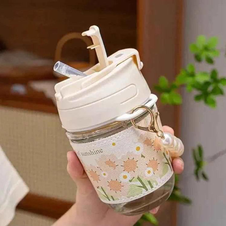 Portable Thermal Mini Bottle with Glass Straw and Pearl Bracelet Design - Dual-Use Drinking Cup