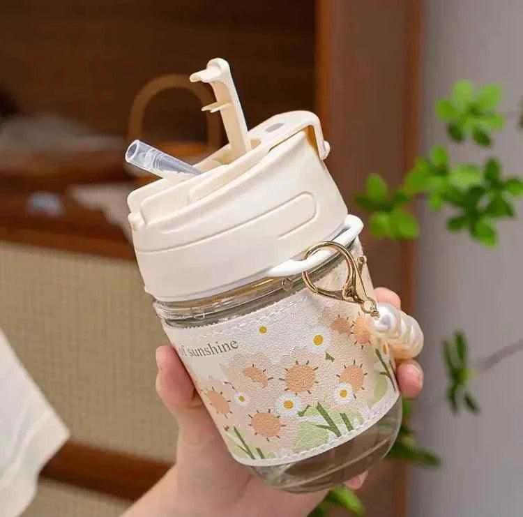 Portable Thermal Mini Bottle with Glass Straw and Pearl Bracelet Design - Dual-Use Drinking Cup