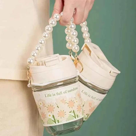 Portable Thermal Mini Bottle with Glass Straw and Pearl Bracelet Design - Dual-Use Drinking Cup