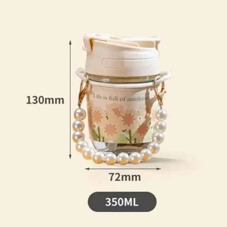 Portable Thermal Mini Bottle with Glass Straw and Pearl Bracelet Design - Dual-Use Drinking Cup