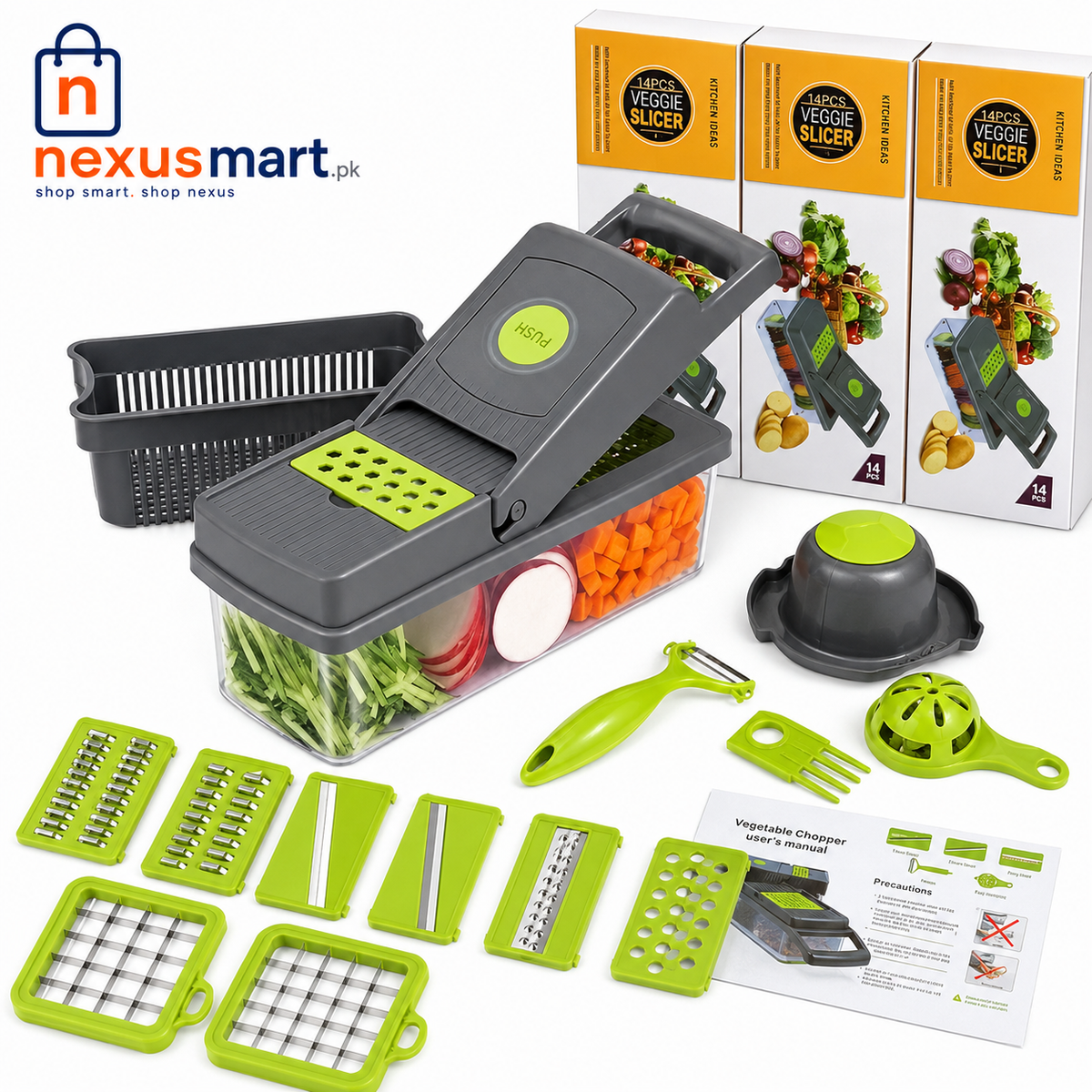 14 Pcs Vegetable Slicer & Dicer with Container, Drain Basket & Multiple Cutting Blades