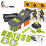 14 Pcs Vegetable Slicer & Dicer with Container, Drain Basket & Multiple Cutting Blades