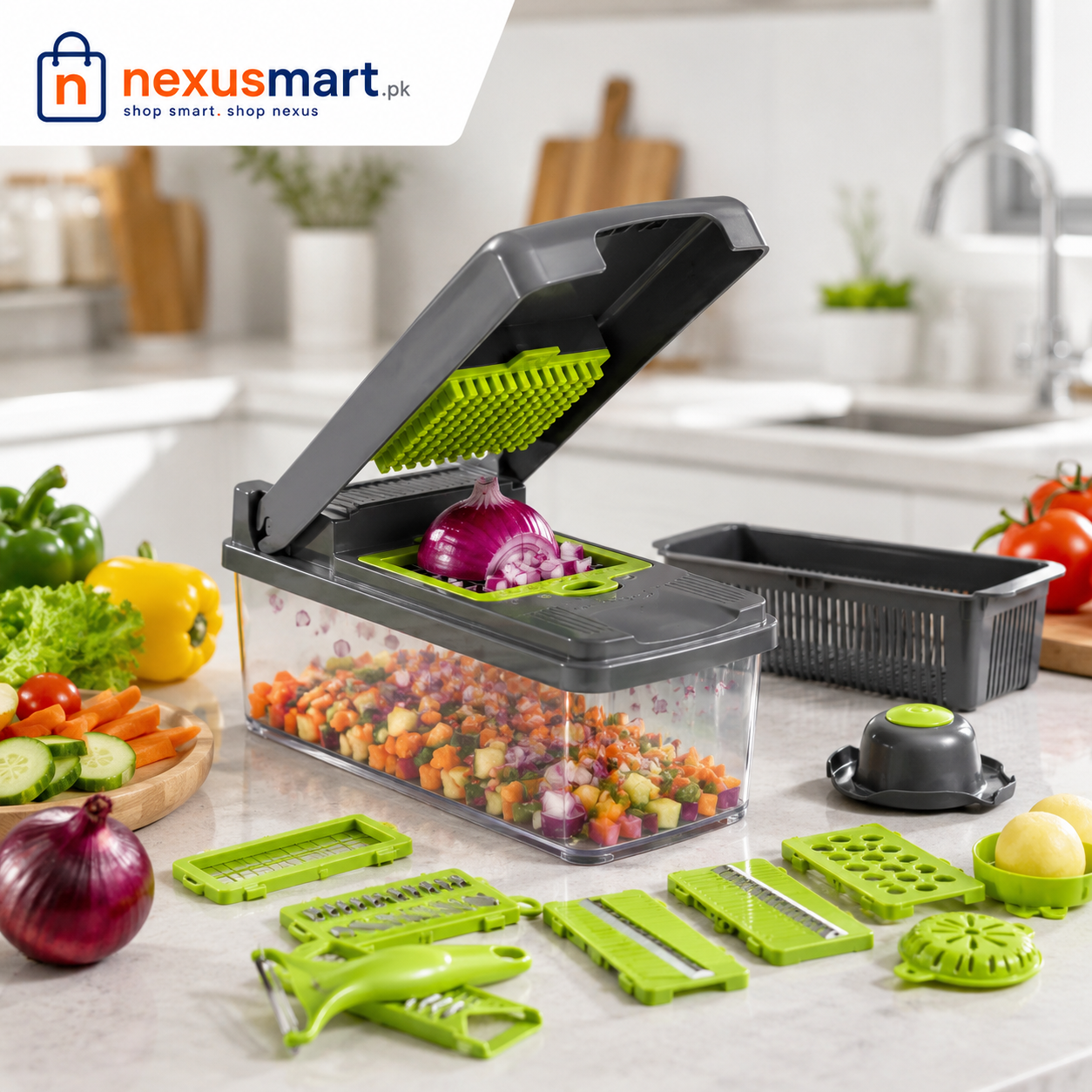 14 Pcs Vegetable Slicer & Dicer with Container, Drain Basket & Multiple Cutting Blades