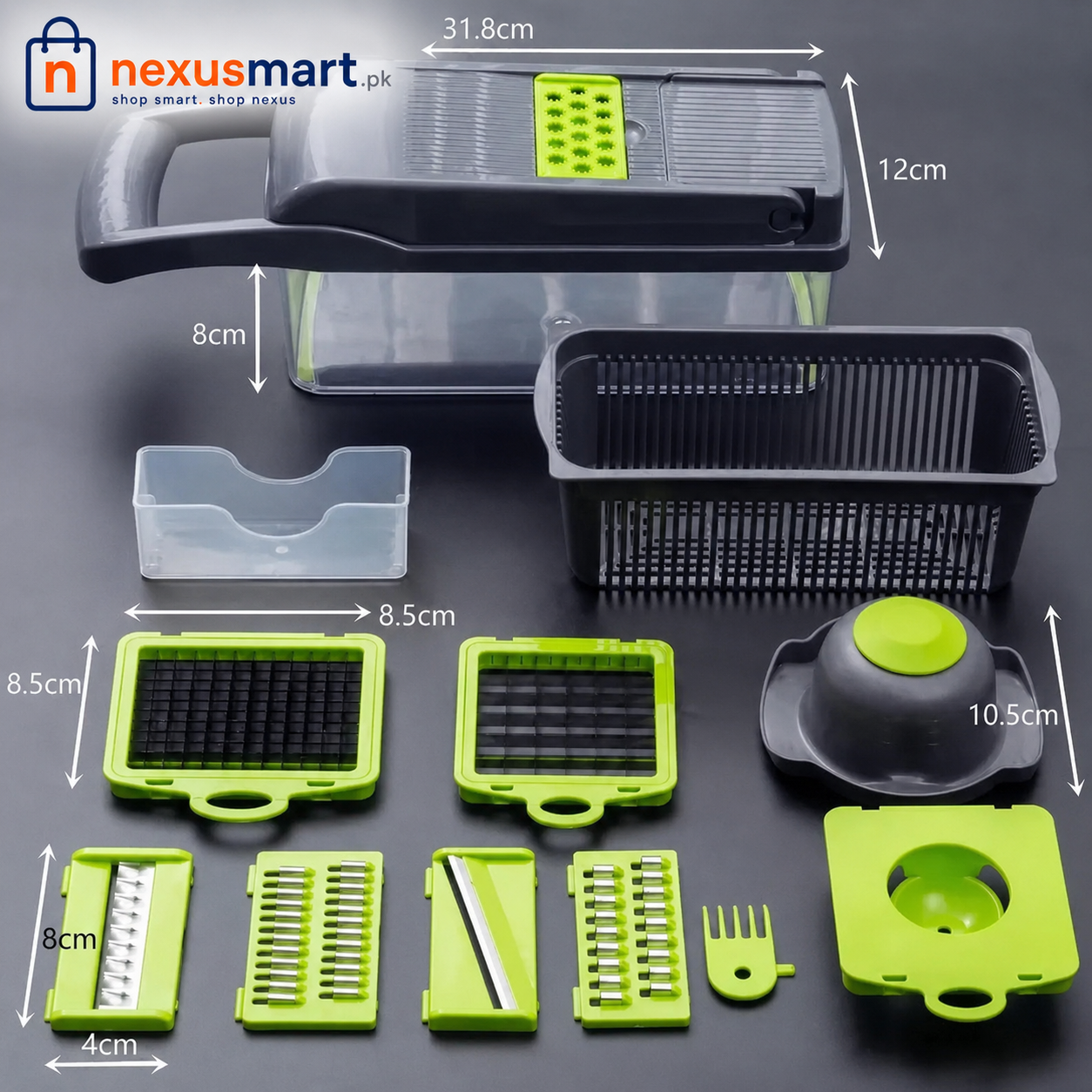 14 Pcs Vegetable Slicer & Dicer with Container, Drain Basket & Multiple Cutting Blades
