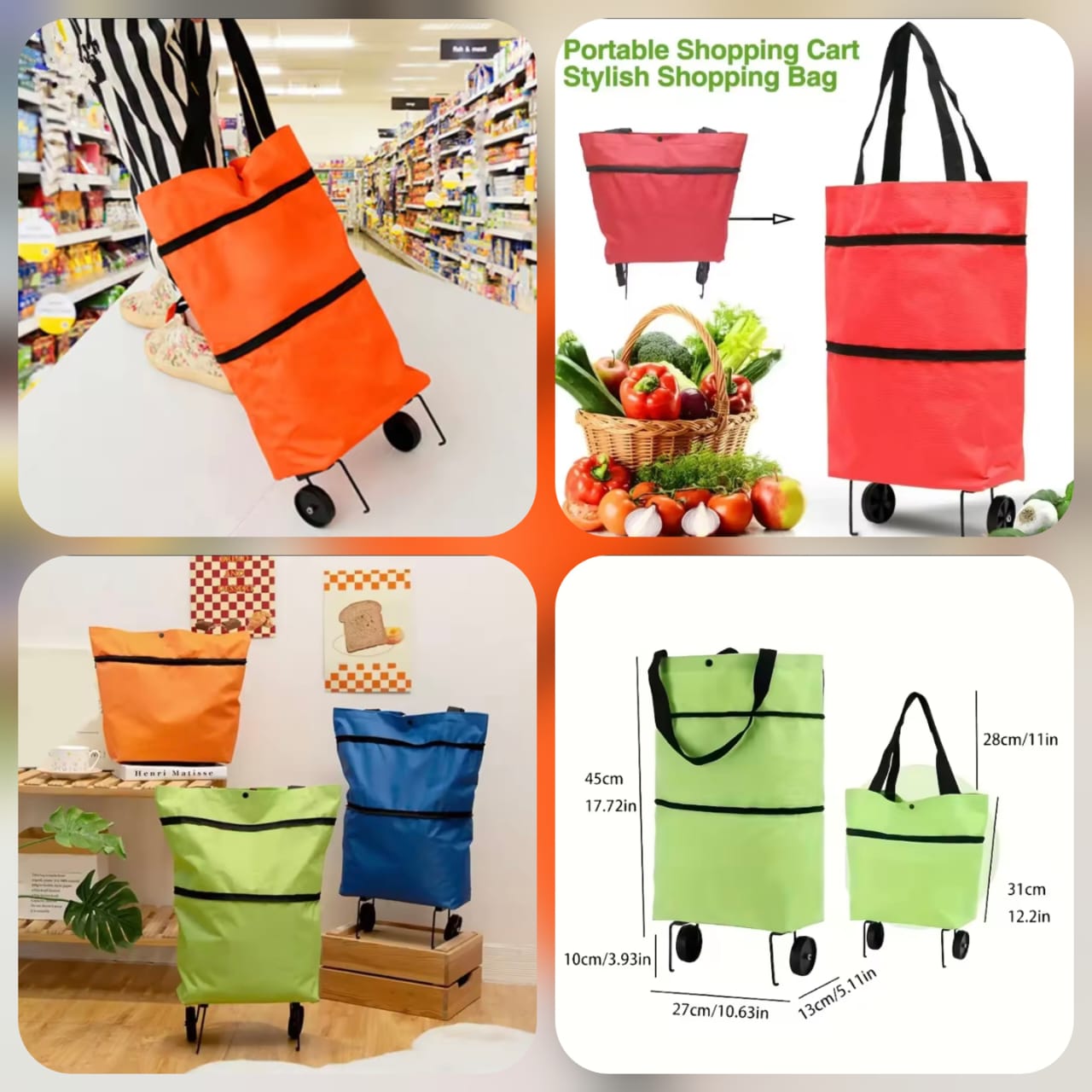 Large Capacity Foldable Shopping Trolley Bag with 2 Wheels