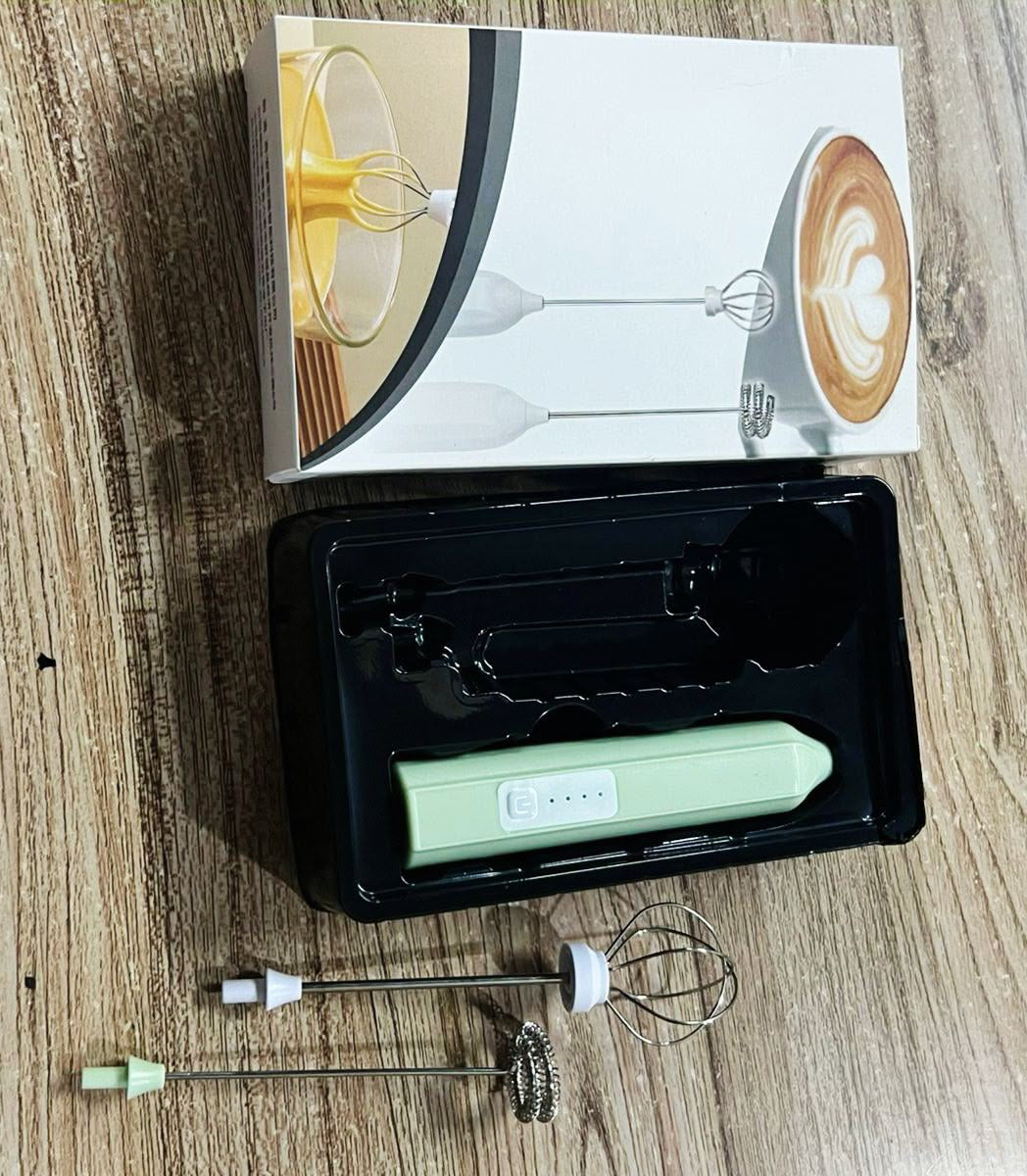2-in-1 Rechargeable Egg & Coffee Beater with 2 Whisk Attachments & Box Packing