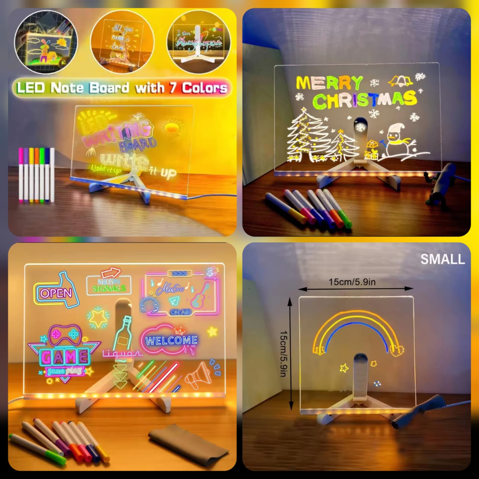 LED Acrylic Writing Board 7 Color Neon Glow with Stand & Pens product image - Nexusmart Pakistan