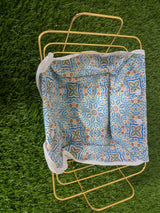 Rectangular gold wire bread serving basket with printed fabric