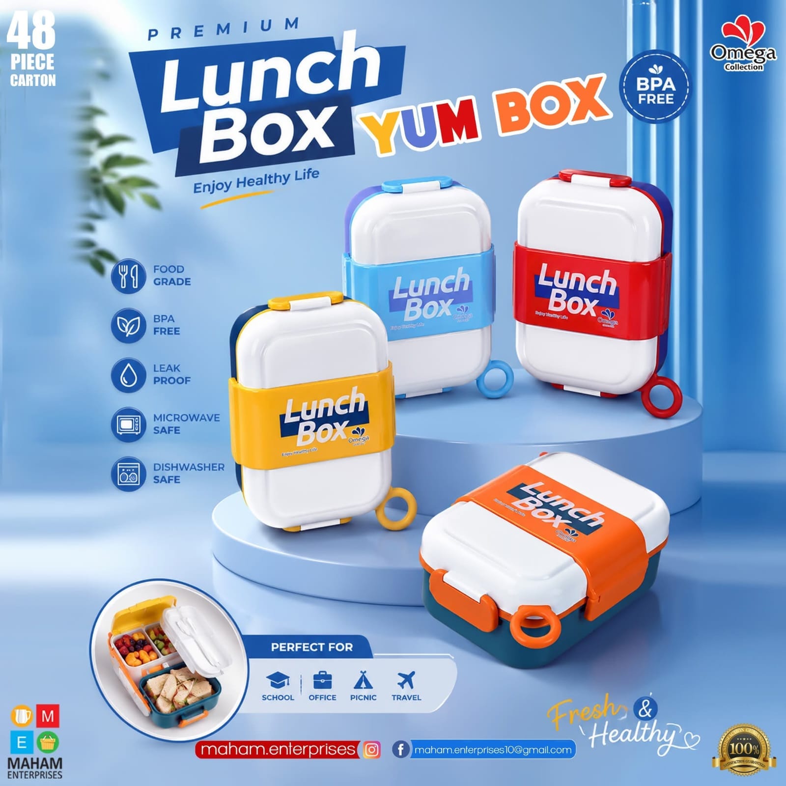 YUMBOX 3-Compartment Kids Lunch Box with Spoon & Fork – Secure Lock Bento Box