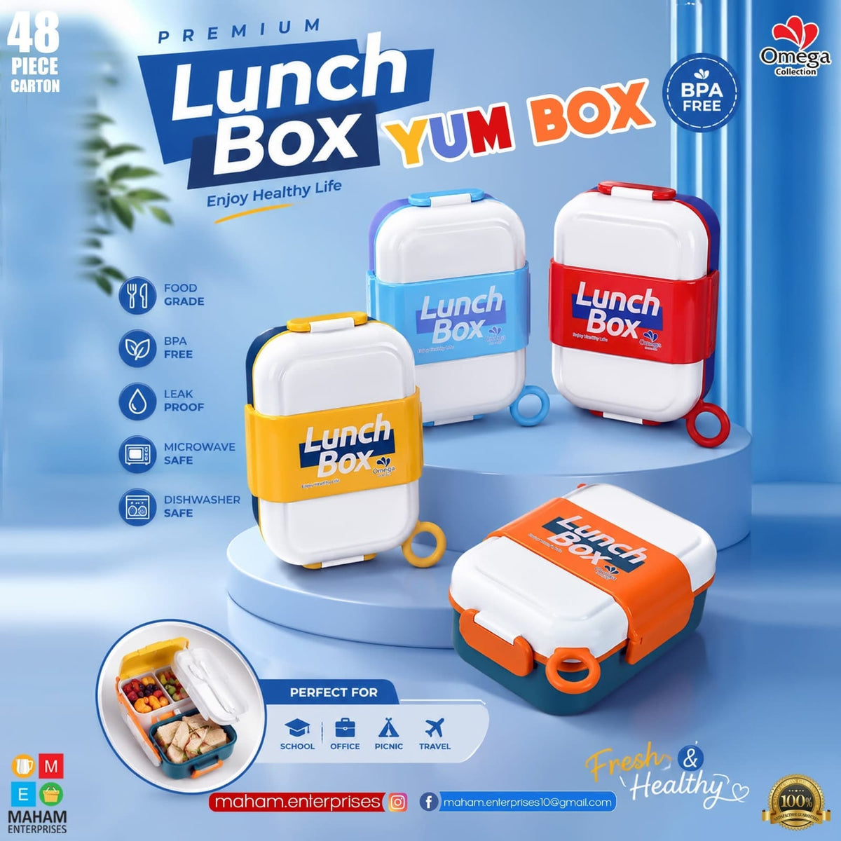YUMBOX 3-Compartment Kids Lunch Box with Spoon & Fork – Secure Lock Bento Box