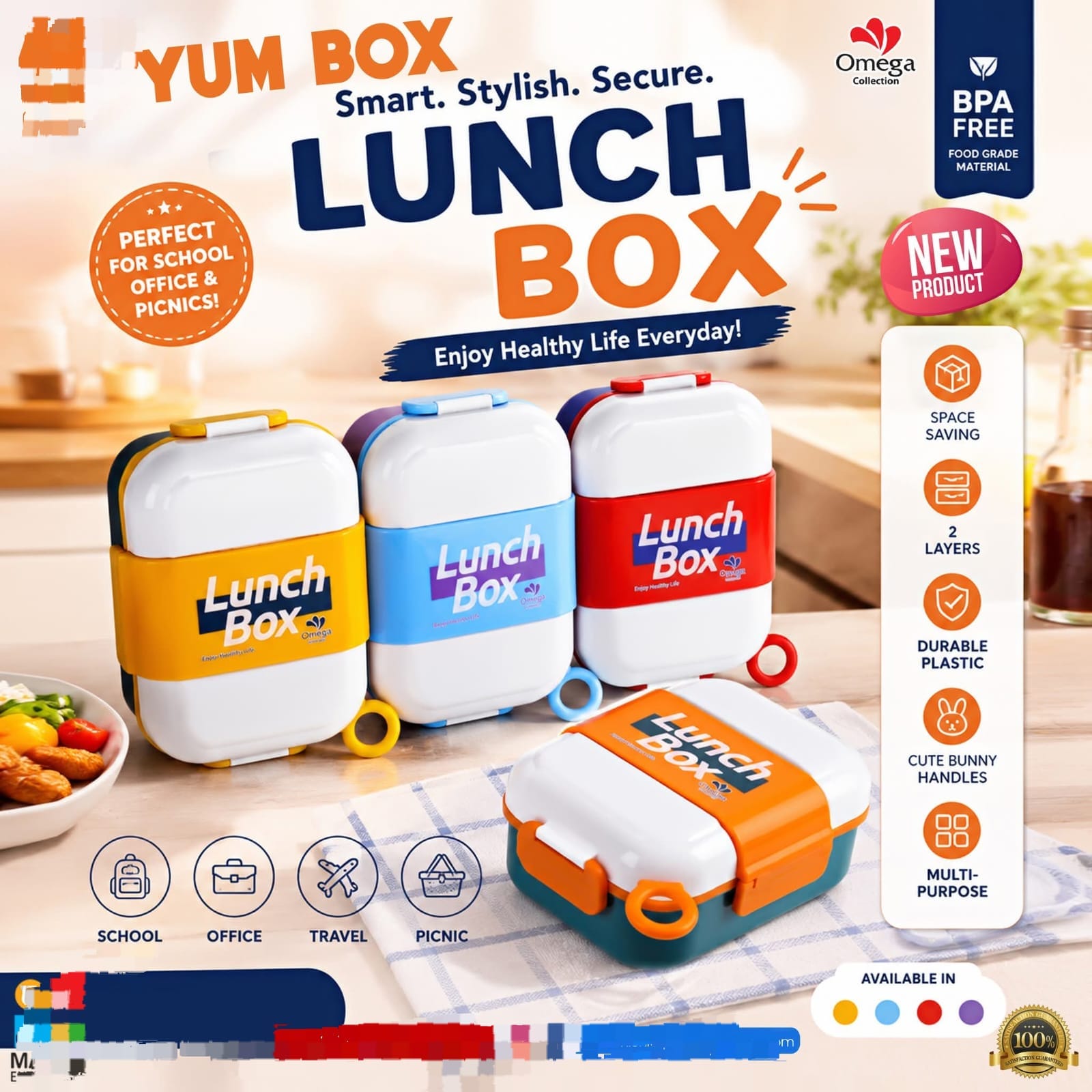 YUMBOX 3-Compartment Kids Lunch Box with Spoon & Fork – Secure Lock Bento Box