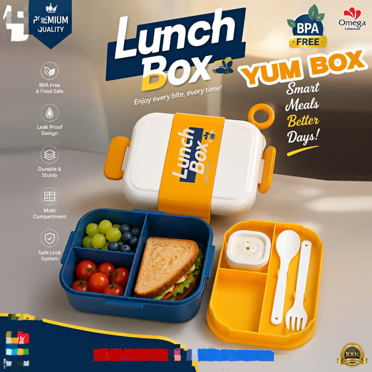YUMBOX 3-Compartment Kids Lunch Box with Spoon & Fork – Secure Lock Bento Box