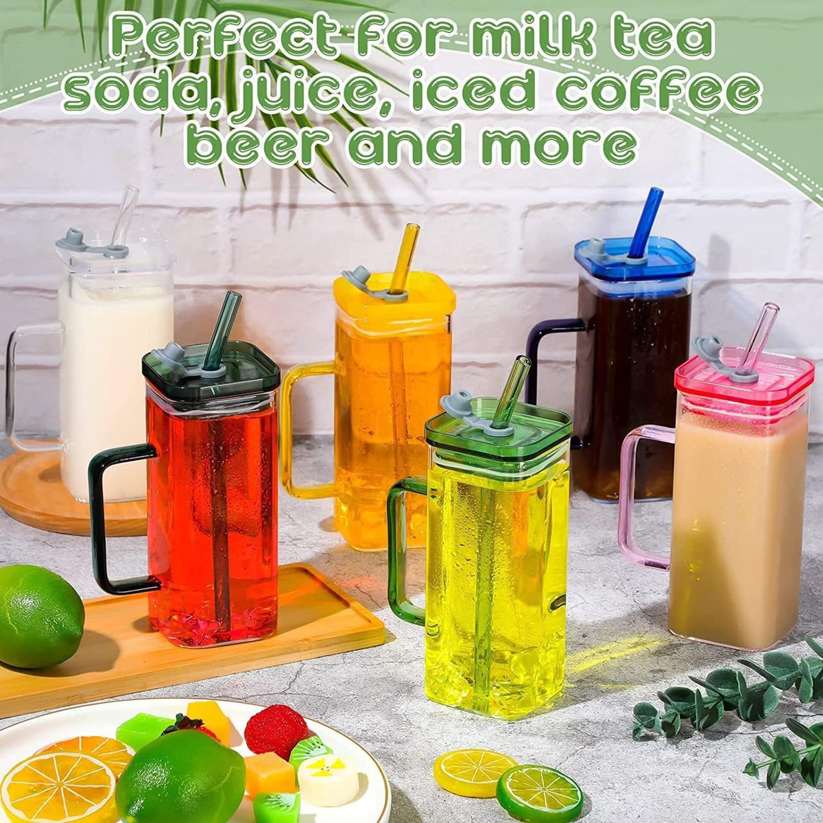 400ml Square Glass Mug with Lid & Straw – Drinking Cup