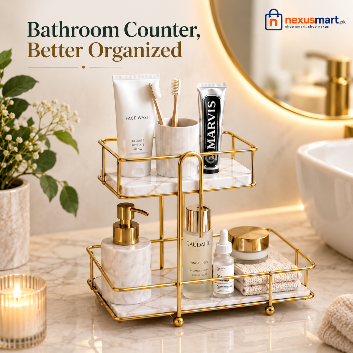 Matrix Square Rectangle 2-Tier Golden Vanity Stand – Countertop Organizer