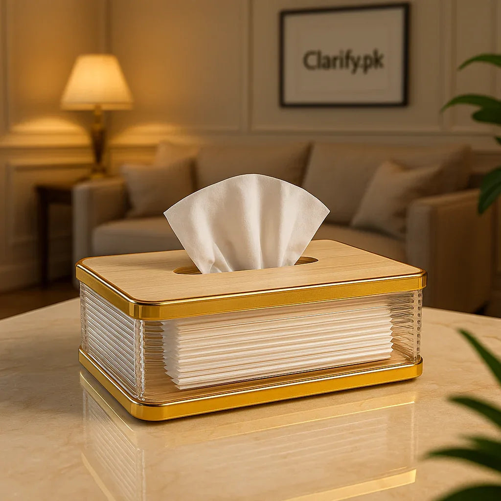 Acrylic Tissue Box with Wooden Base – Modern Dispenser