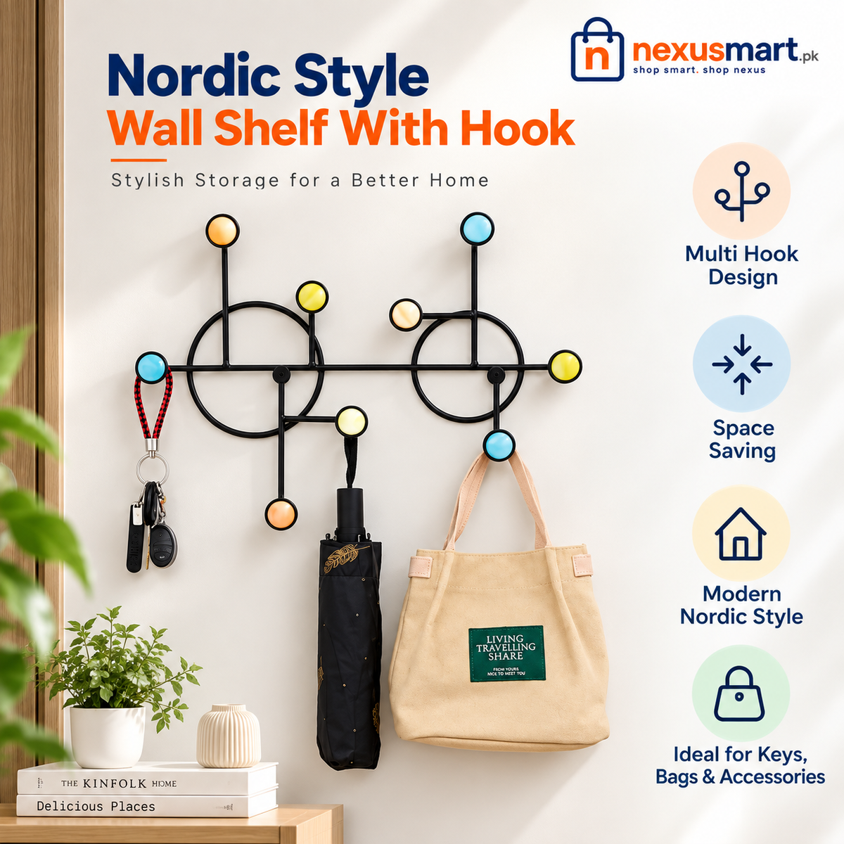 Nordic Style Wall Shelf with Hooks – Decorative Wall-Mounted Organizer