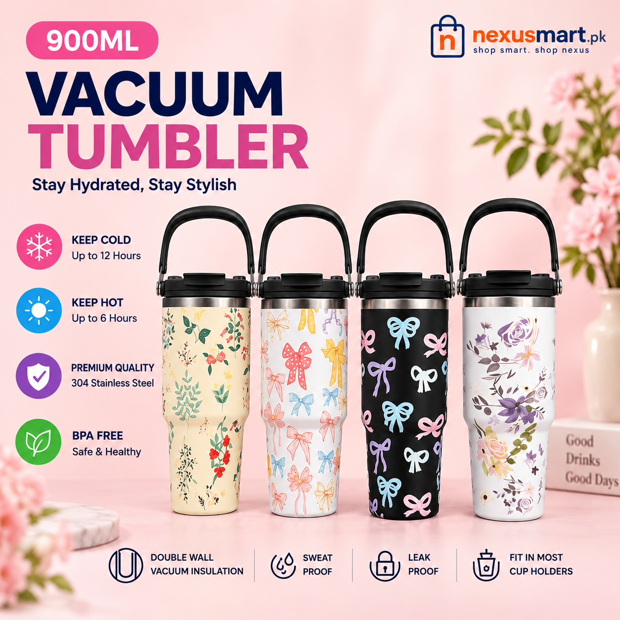 900ml Bow Design Tumbler – Cute Large Capacity Drink Cup