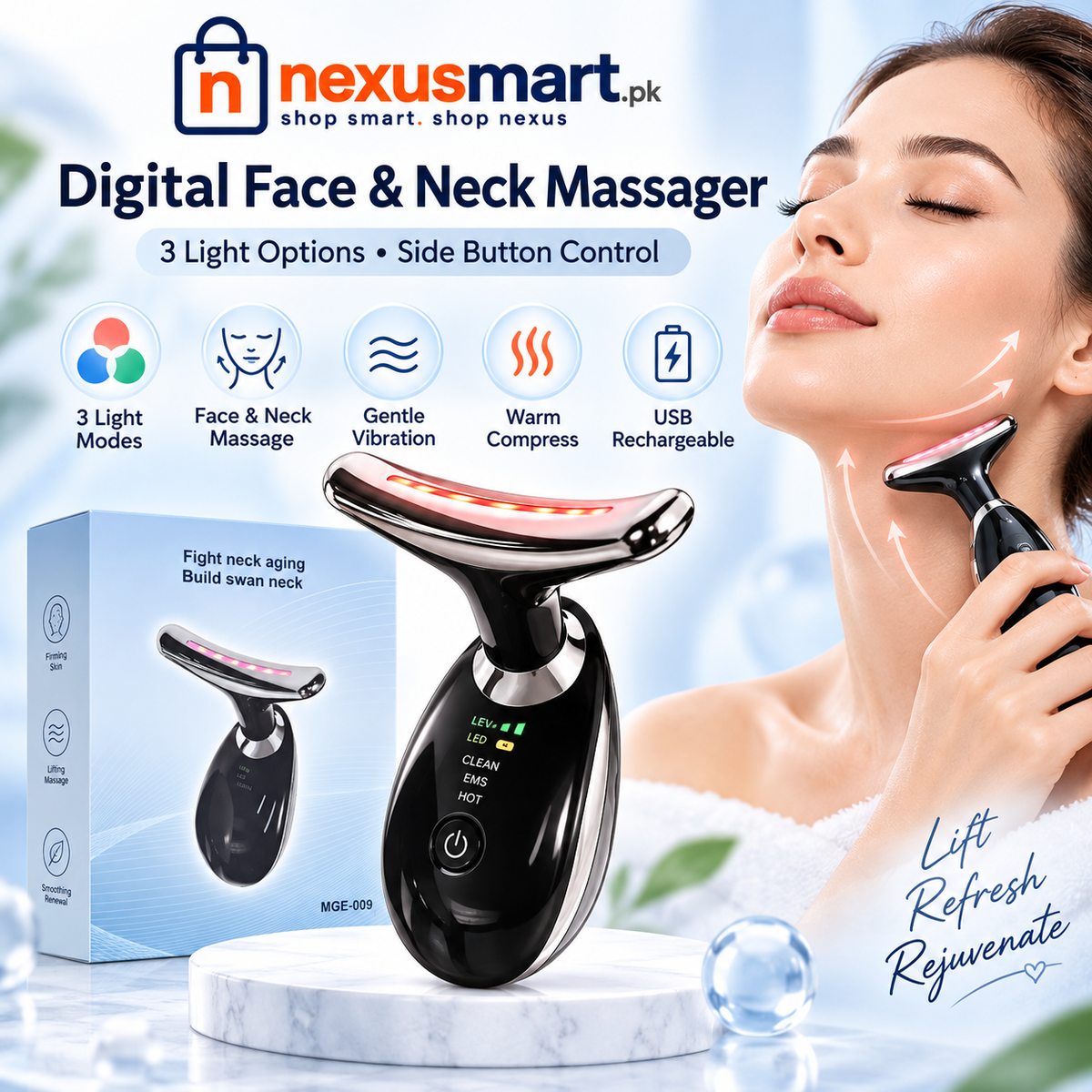 Digital Face & Neck Massager with 3 Light Modes – Side Button Control